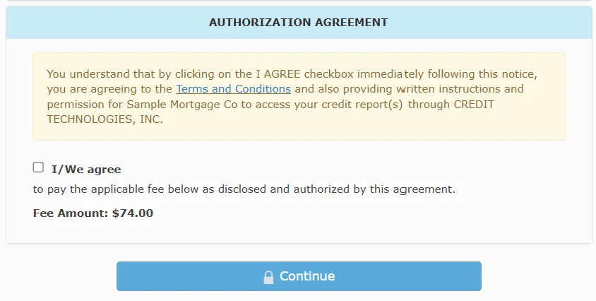 SmartPay authorization agreement step where the borrower agrees to the terms and gives permissible-purpose consent before the credit pull.