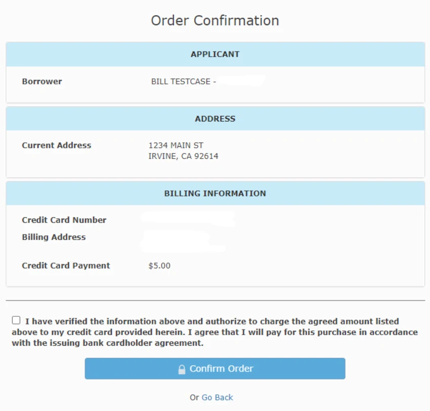 SmartPay order confirmation screen summarizing the applicant, address, masked billing, and payment amount, with a confirm-order button.